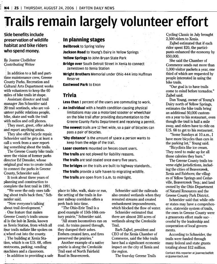 08-24-06 - Dayton Daily News article: Trails remain largely volunteer effort