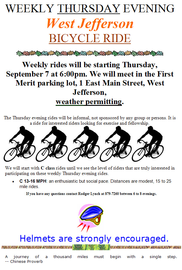 08-28-06 - 2nd Annual Weekly Thursday Evening West Jefferson Bicycle Ride will start up on Thursday, September 7