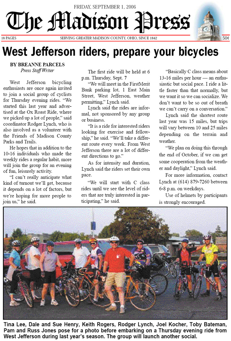 09-01-06 - Madison Press article: West Jefferson riders, prepare your bicycles