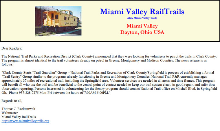 09-06-06 - Important message from Miami Valley Rail Trails regarding the Clark County Trail Guardian Group