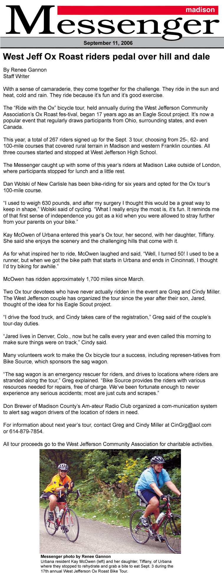 09-11-06 - Madison Messenger article: West Jeff Ox Roast riders pedal over hill and dale