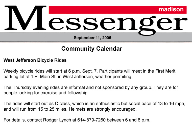 09-11-06 - Madison Messenger Community Calendar: West Jefferson Bicycle Rides