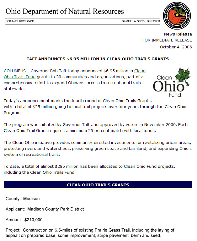 10-04-06 - Governor Taft announces Clean Ohio Trails Fund Grants