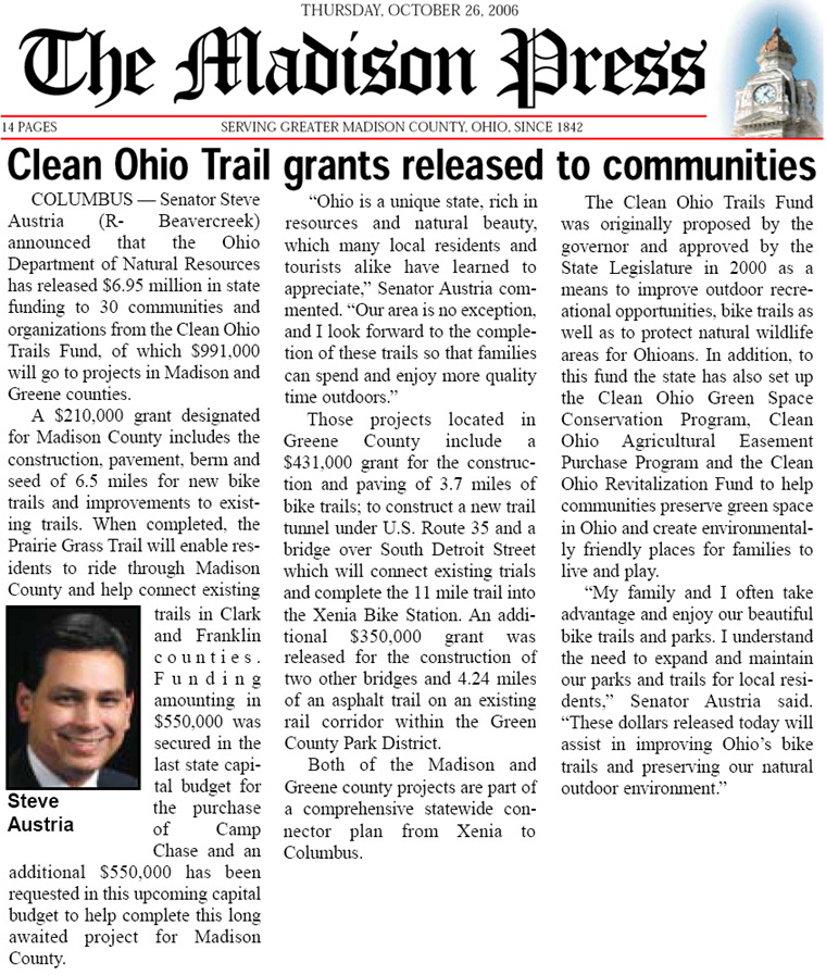 10-26-06 - Madison Press article: Clean Ohio Trail grants released to communities