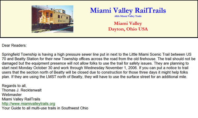 10-27-06 - Important message from Miami Valley Rail Trails regarding the Little Miami Scenic Trail