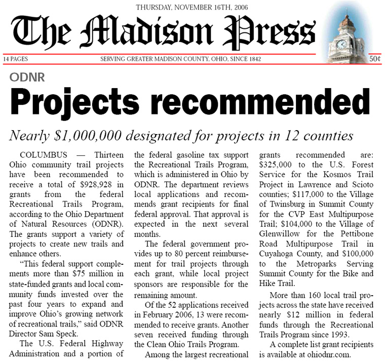 11-16-06 - Madison Press article: Projects recommended