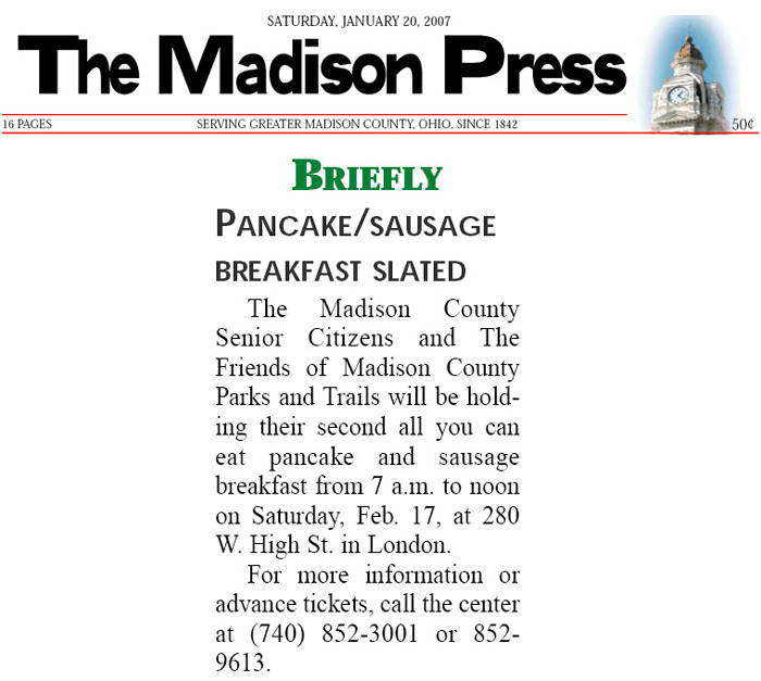 01-20-07 - Madison Press Community Briefs: Pancake/sausage breakfast slated