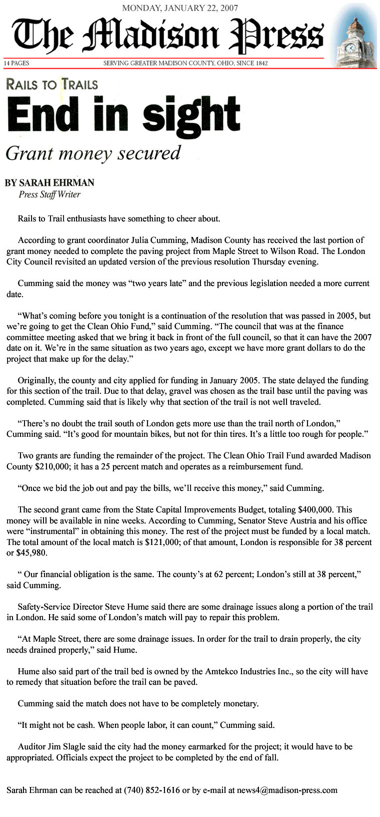 01-22-07 - Madison Press article: Rails to Trails - end in sight - grant money secured