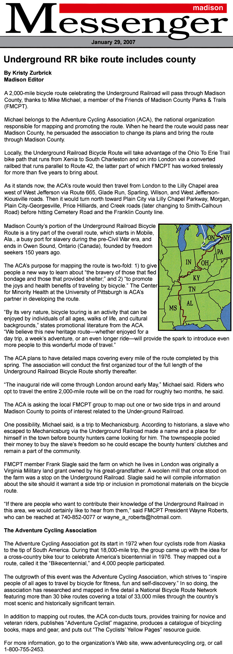 01-29-07 - Madison Messenger article:  Underground RR bike route includes county