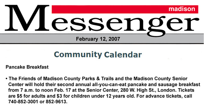 02-12-07 - Madison Messenger Community Calendar:  Pancake Breakfast