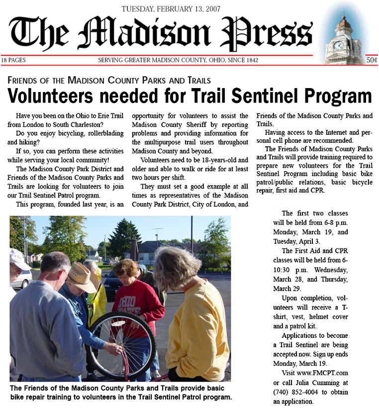 02-13-07 - Madison Press article: Volunteers needed for Trail Sentinel Program