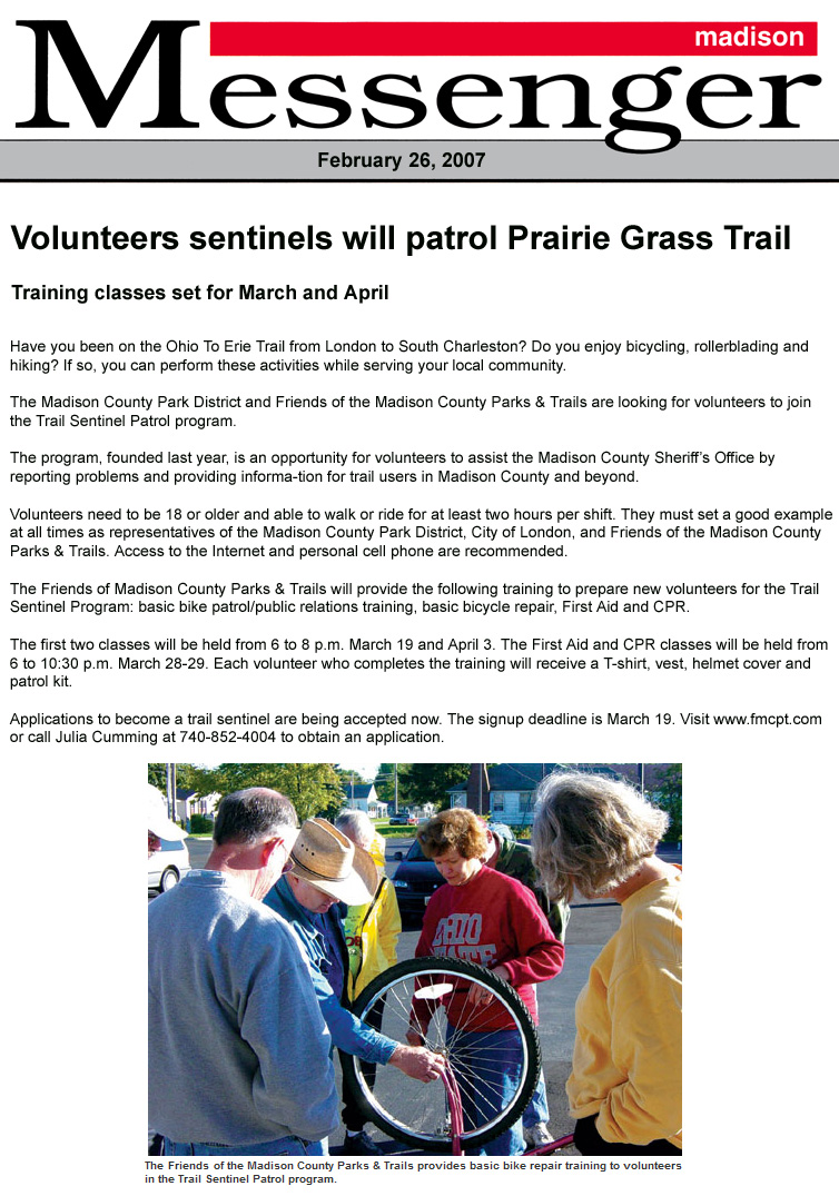 02-26-07 - Madison Messenger article:  Volunteers sentinels will patrol Prairie Grass Trail