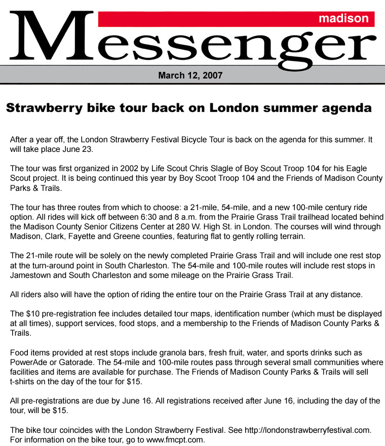 03-12-07 - Madison Messenger article:  Strawberry bike tour back on London summer agenda