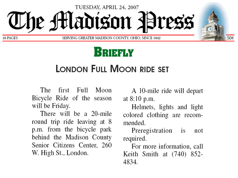 04-24-07 - Madison Press article:  Full Moon Ride