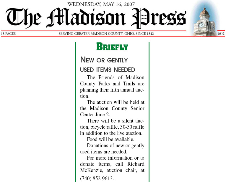 05-16-07 - Madison Press Community Briefs: New or Gently Used Items Needed