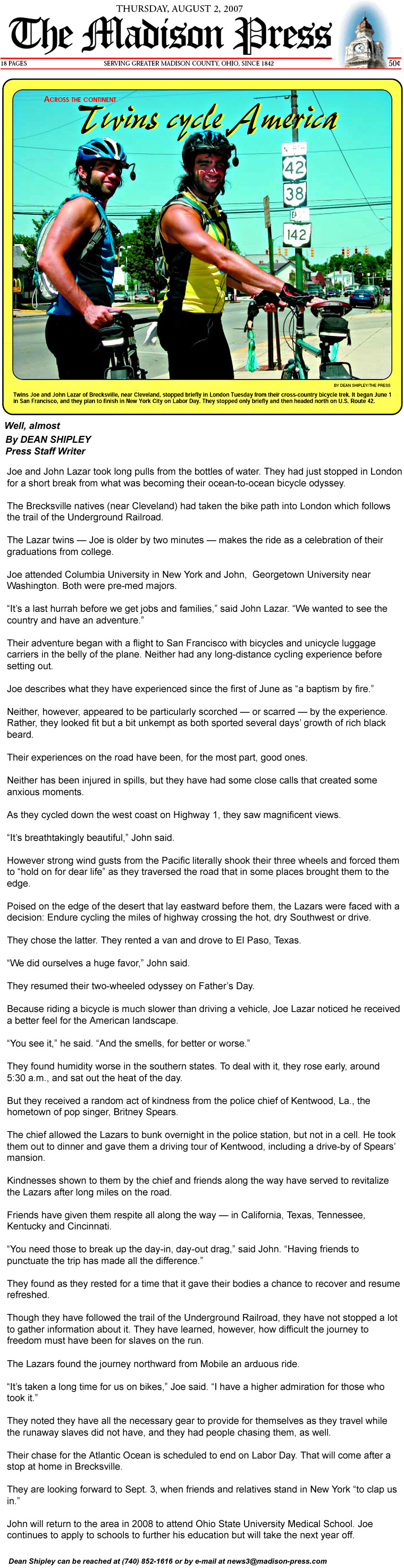 08-02-07 - Madison Press article: Twins Cycle America