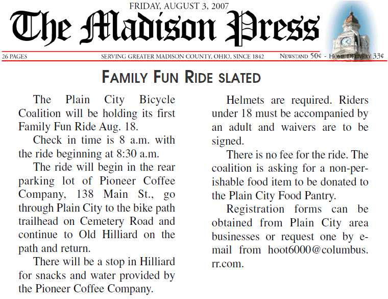 08-03-07 - Madison Press article: Family Fun Ride Slated