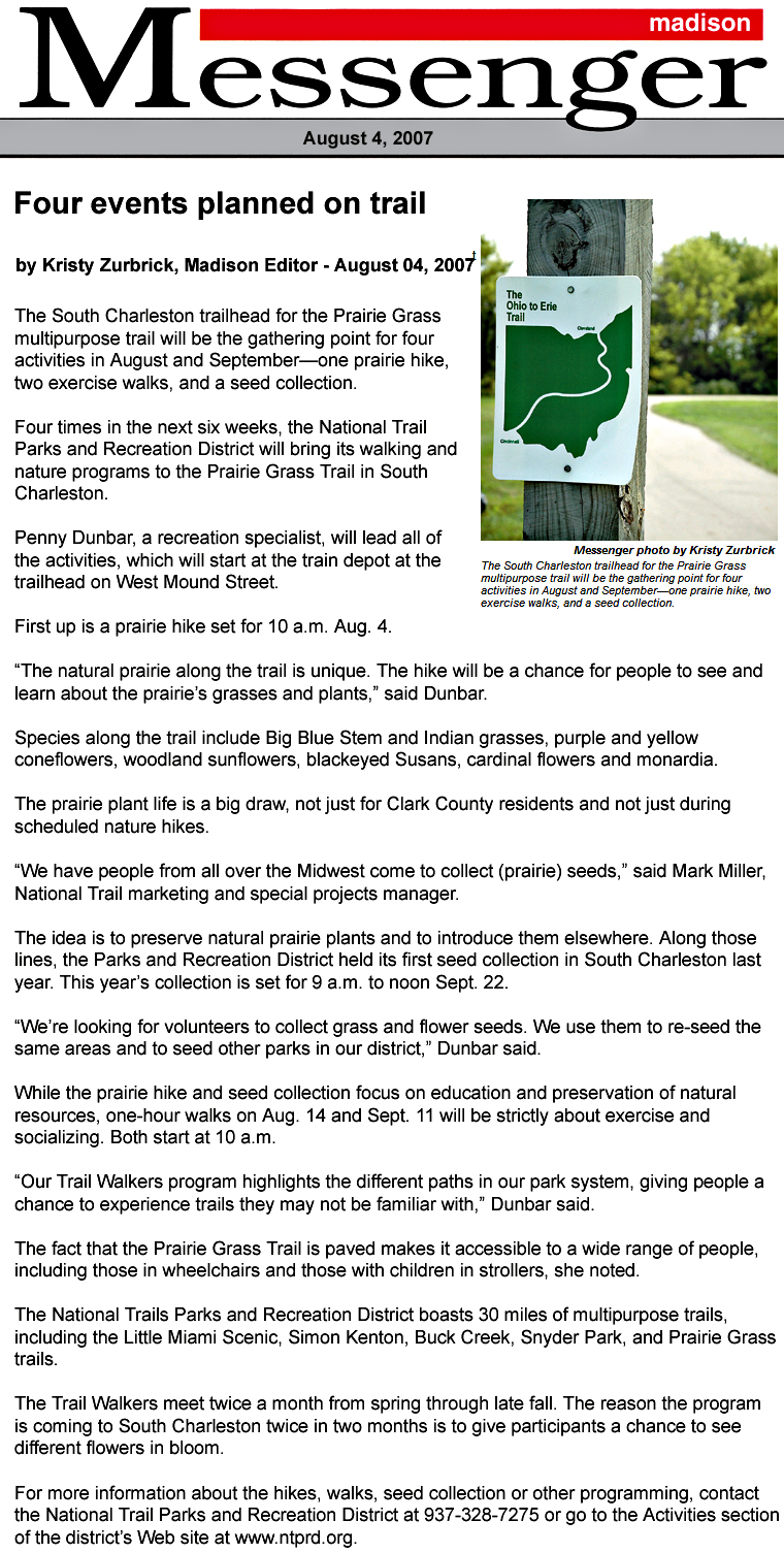 08-05-07 - Madison Messenger article: Four events planned on trail