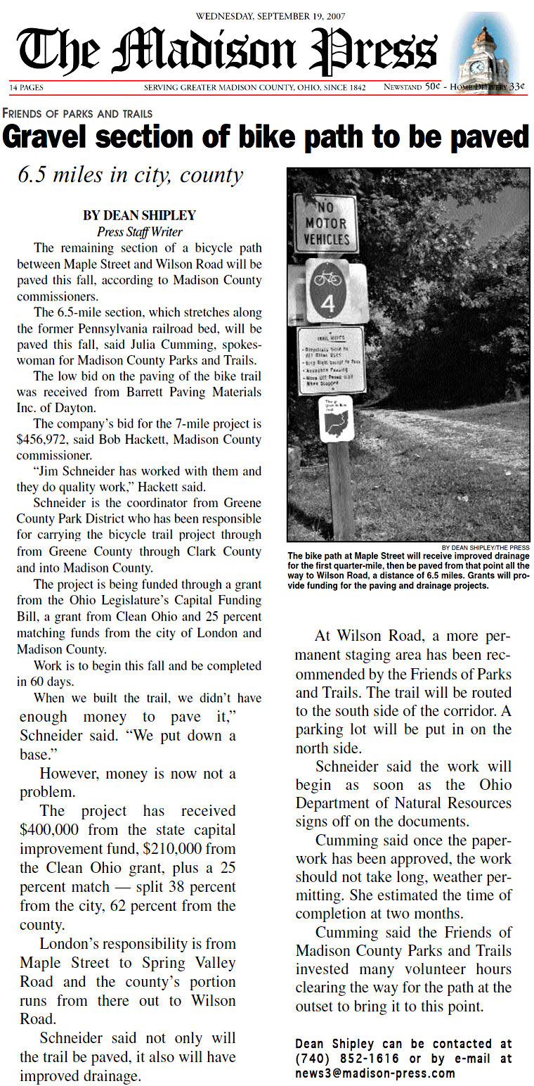 09-19-07 - Madison Press article: Gravel section of bike trail to be paved