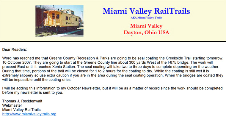 10-09-07 - Important message from Miami Valley RailTrails regarding maintenance on the Creekside Trail beginning on October 10