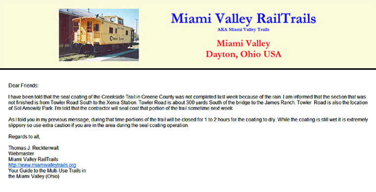 10-13-07 - Important message from Miami Valley RailTrails regarding maintenance on the Creekside Trail beginning on October 15.