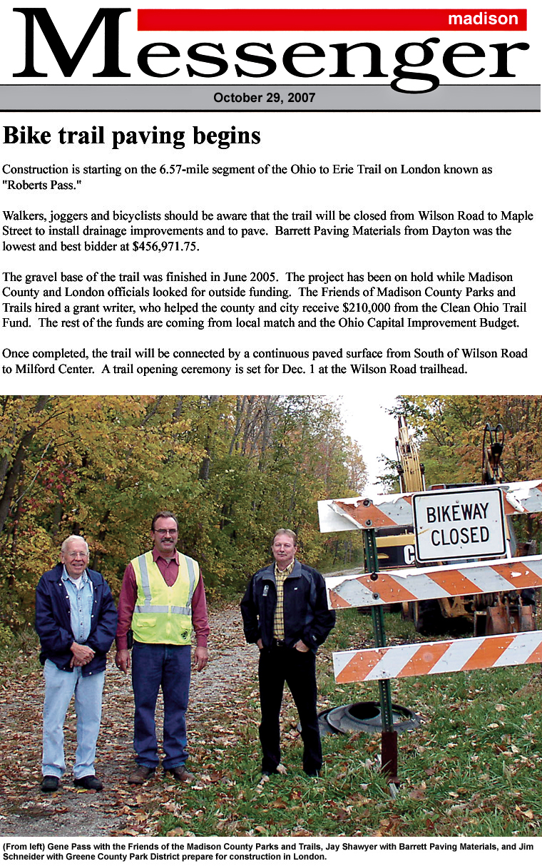 10-29-07 - Madison Messenger article: Bike trail paving begins