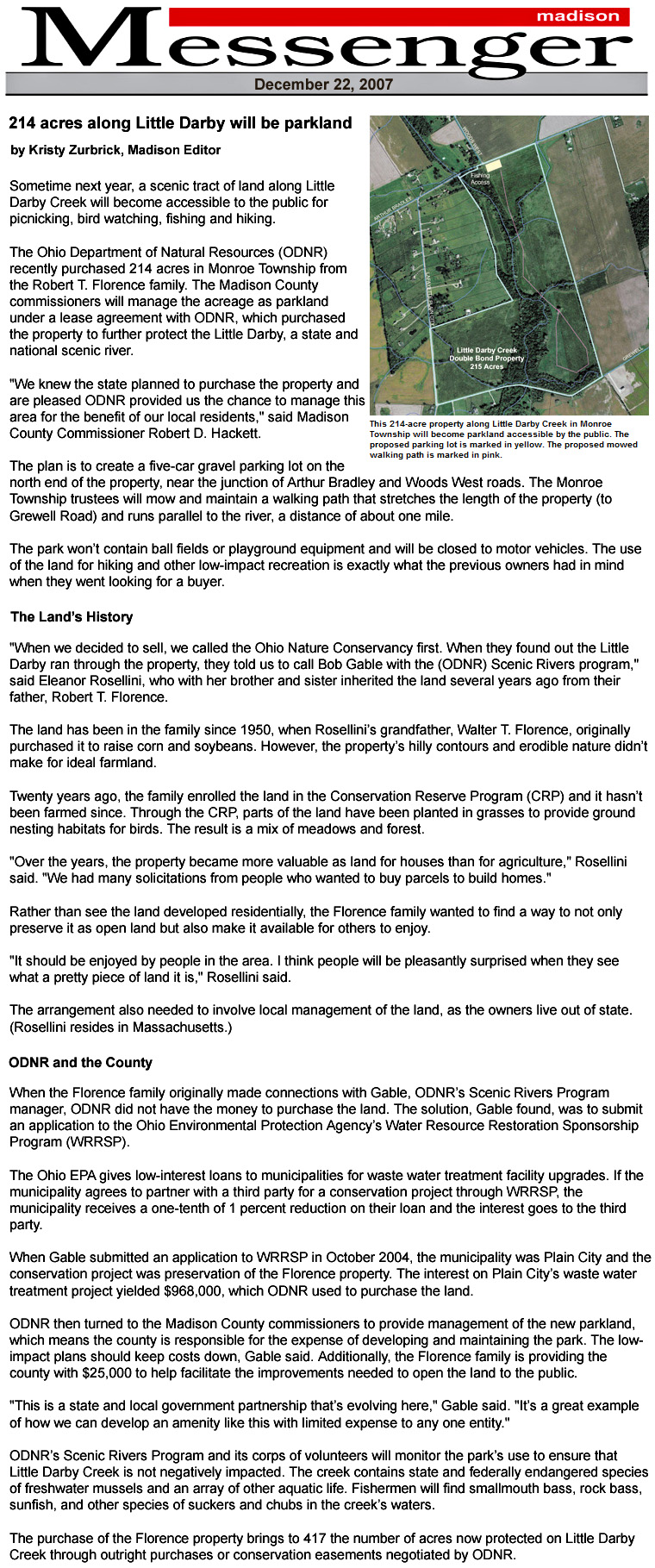 12-22-07 - Madison Messenger article: 214 acres along Little Darby will be parkland