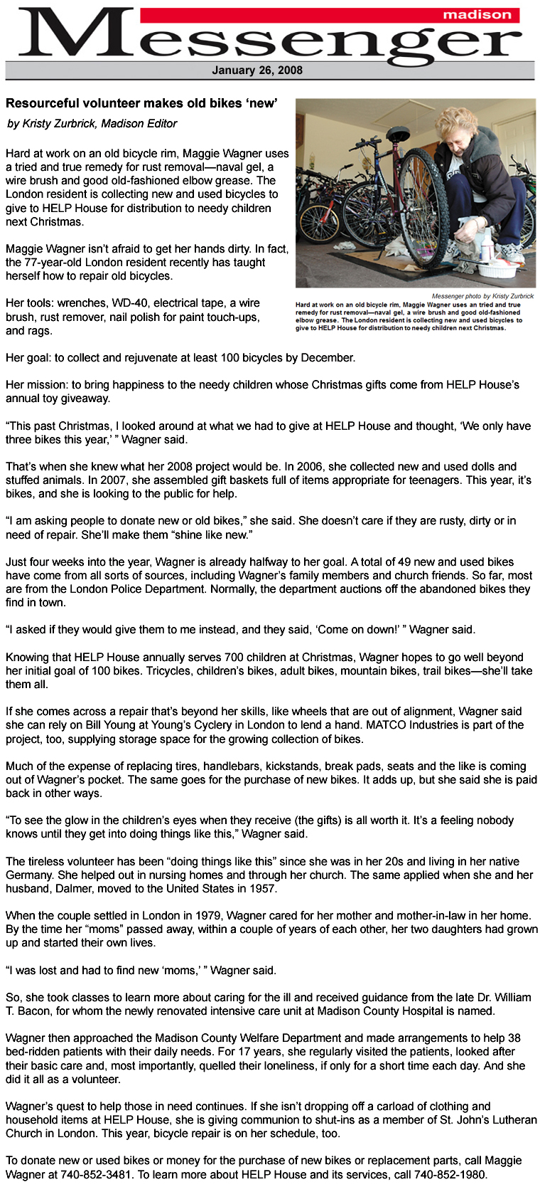 01-26-08 - Madison Messenger article: Resourceful volunteer makes old bikes ‘new’