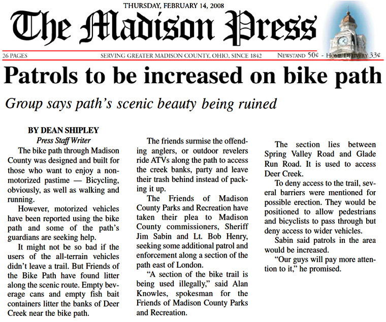 02-14-08 - Madison Press article: Patrols to be increased on bike path