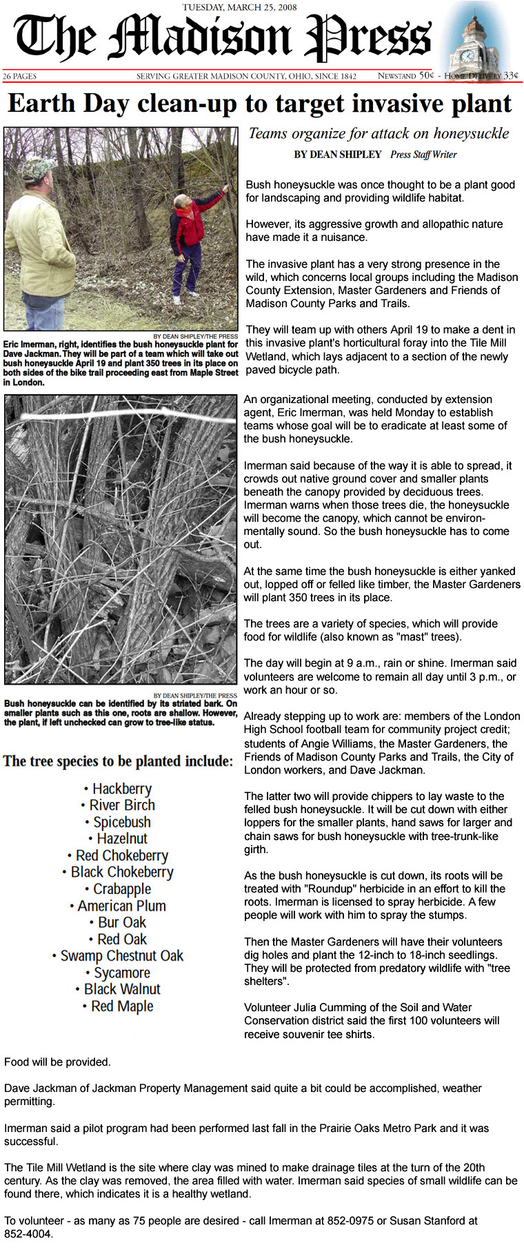 03-25-08 - Madison Press article: Earth Day clean-up to target invasive plant