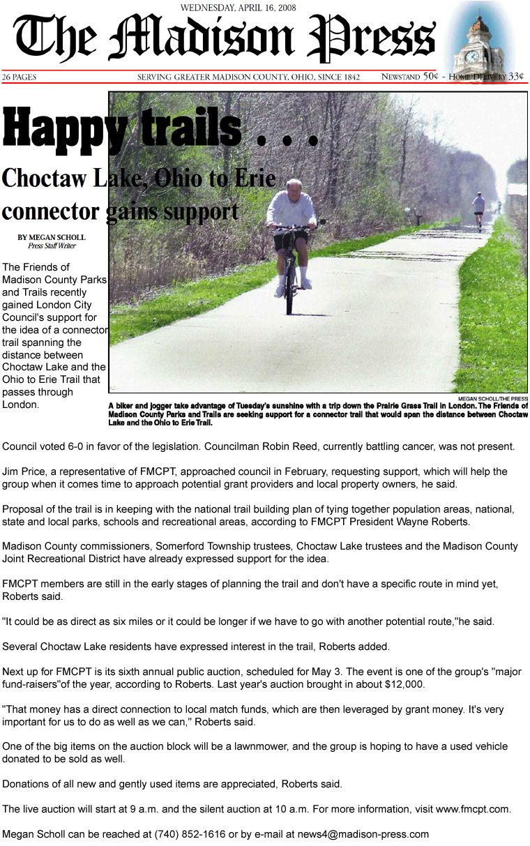 04-16-08 - Madison Press article: Happy trails...Choctaw Lake, Ohio to Erie connector gains support