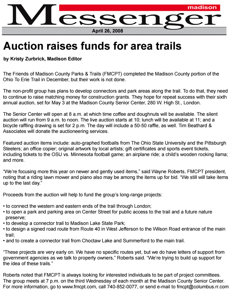 04-26-08 - Madison Messenger article: Auction raises funds for area trails