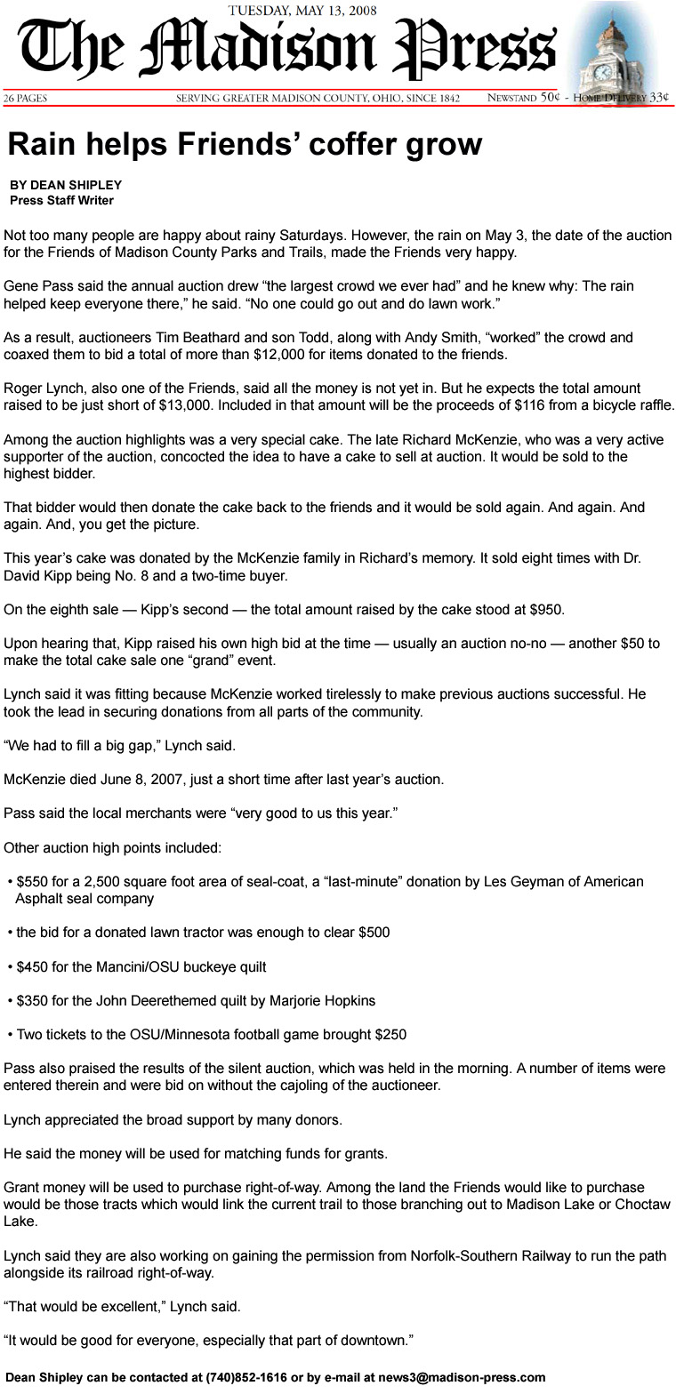 05-13-08 - Madison Press article: Rain helps Friends’ coffer grow