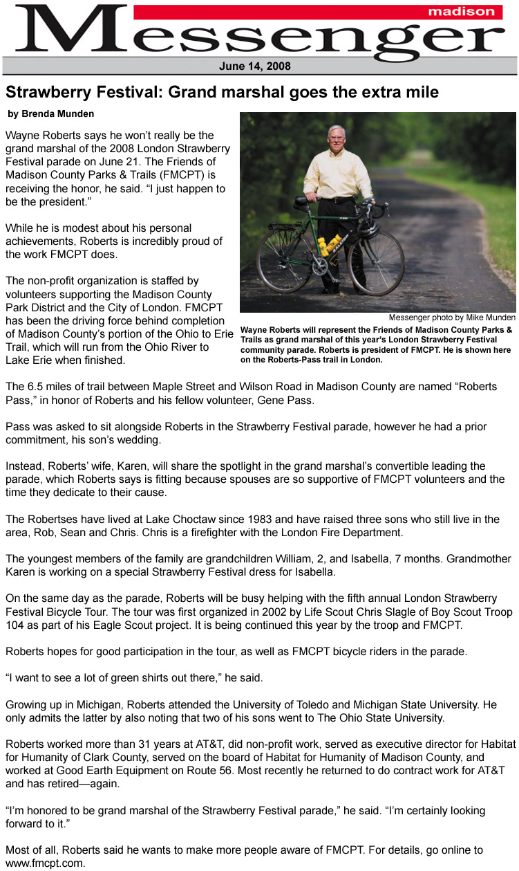 06-14-08 - Madison Messenger article: Grand marshal goes the extra mile