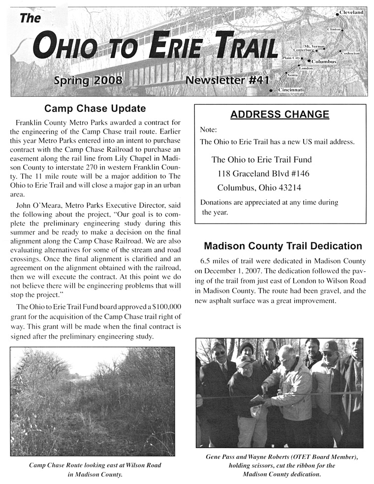 06-22-08 - Madison County Trail Dedication featured in the Ohio to Erie Trail Spring Newsletter