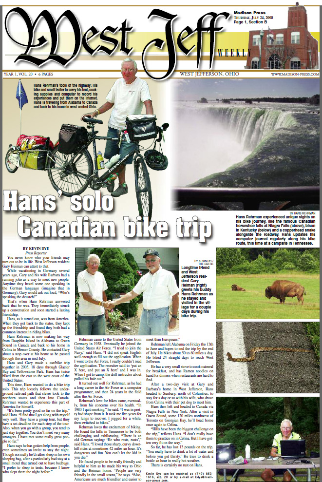 07-24-08 - Madison Press article: Hans' solo Canadian bike trip