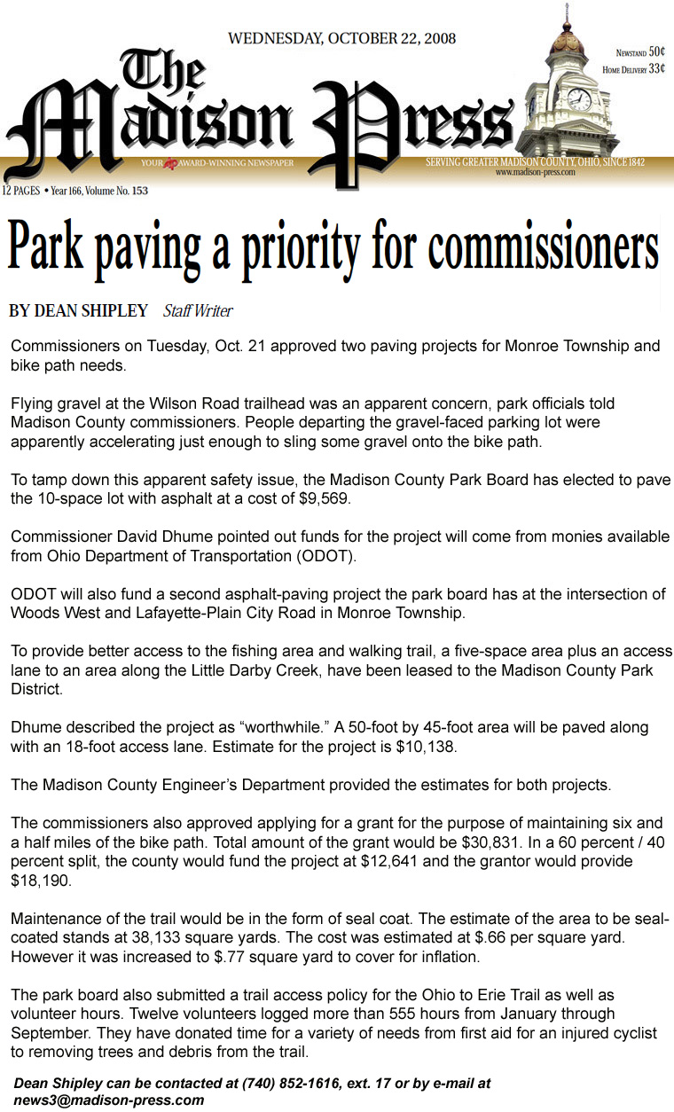 10-22-08 - Madison Press article: Park paving a priority for commissioners