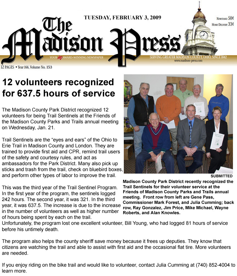 02-03-09 - Madison Press article:  12 volunteers recognized for 637.5 hours of service