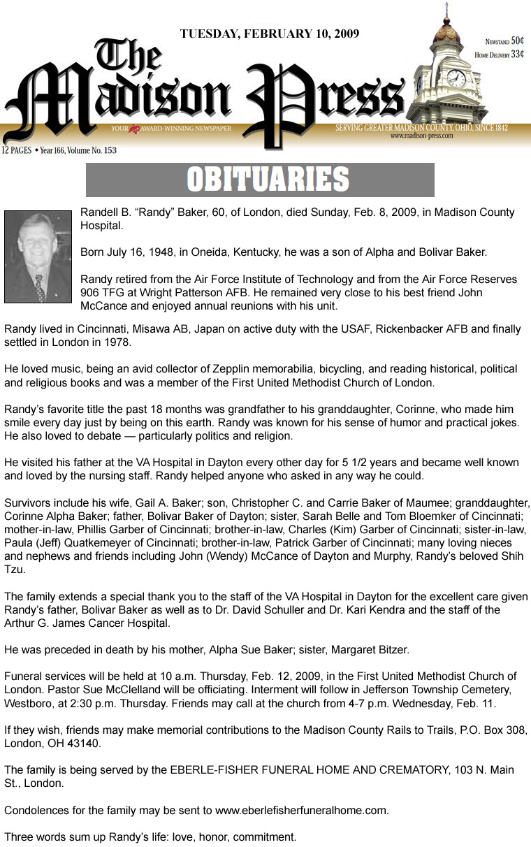 02-10-09 - Madison Press article:  FMCPT mourns the passing of 8-year member Randy Baker