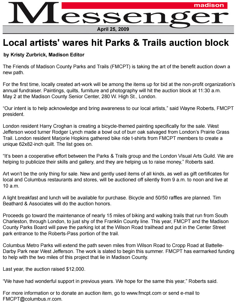 04-25-09 - Madison Messenger article:  Local artists' wares hit Parks & Trails auction block