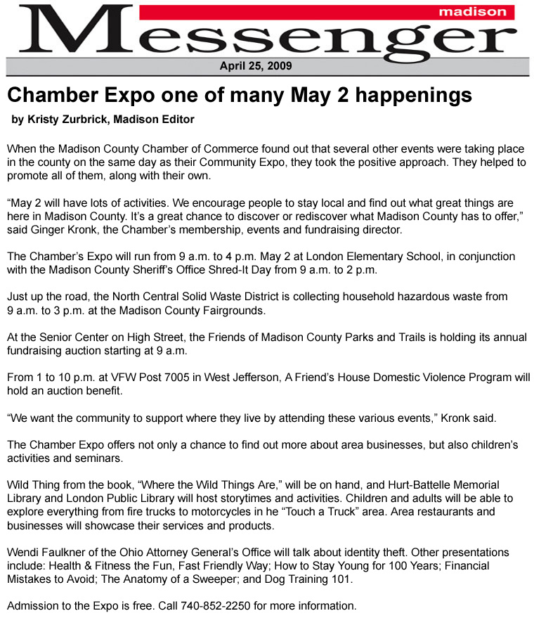 04-25-09 - Madison Messenger article:  Chamber Expo one of many May 2 happenings