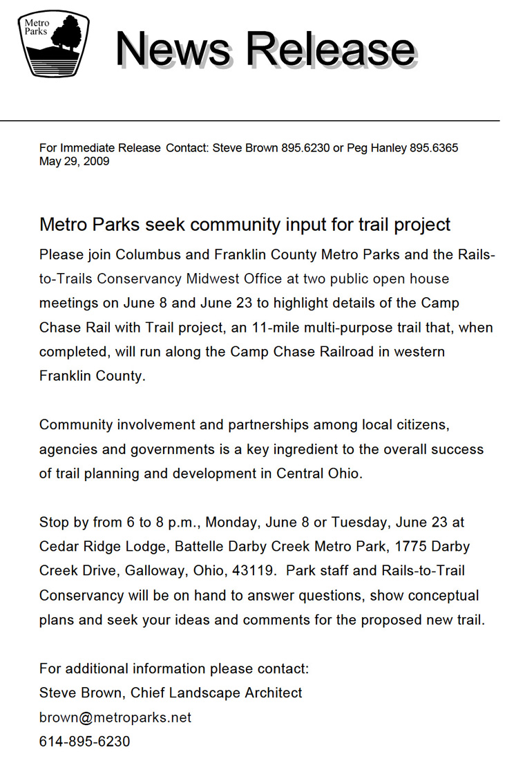 06-03-09 - Columbus Metro Parks public meetings regarding the Camp Chase Trail