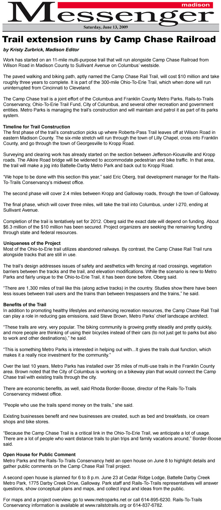 06-13-09 - Madison Messenger article:  Trail extension runs by Camp Chase Railroad