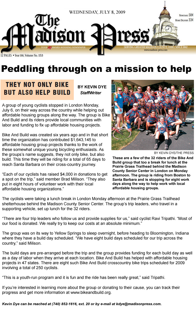 07-08-09 - Madison Press article: Peddling through on a mission to help