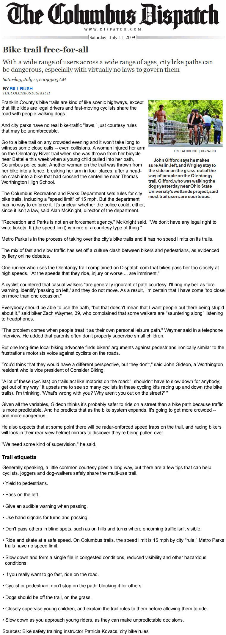 07-11-09 - Columbus Dispatch article:  Bike trail free-for-all