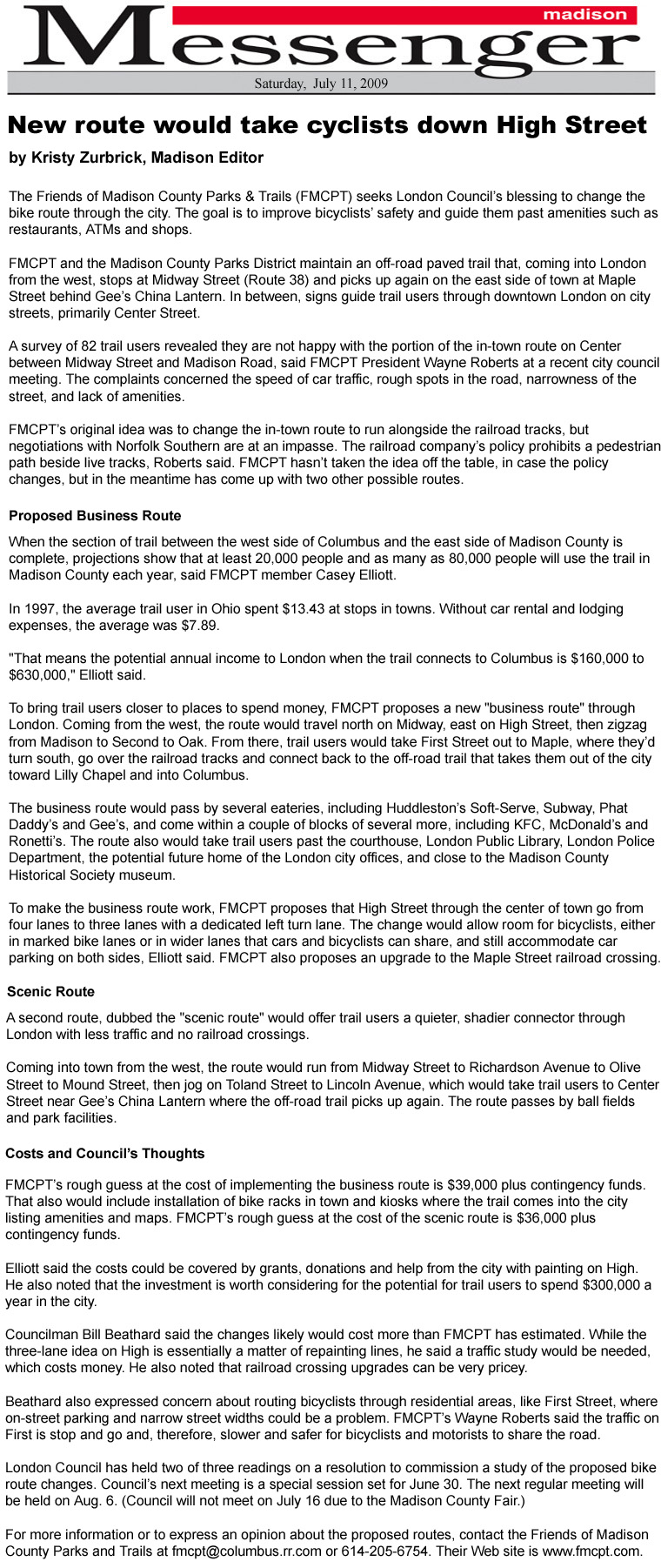 07-11-09 - Madison Messenger article:  New route would take cyclists down High Street