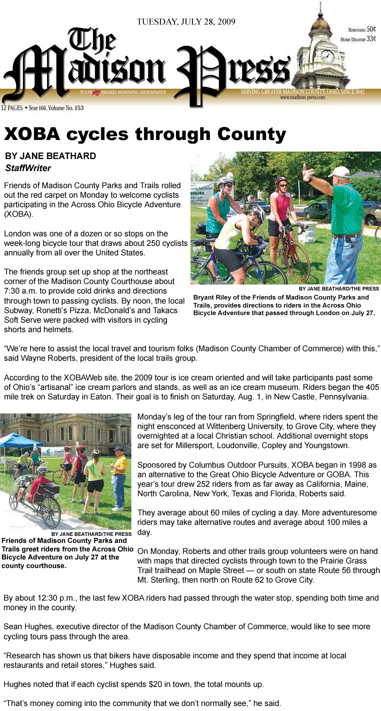 07-28-09 - Madison Press article:  XOBA cycles through County