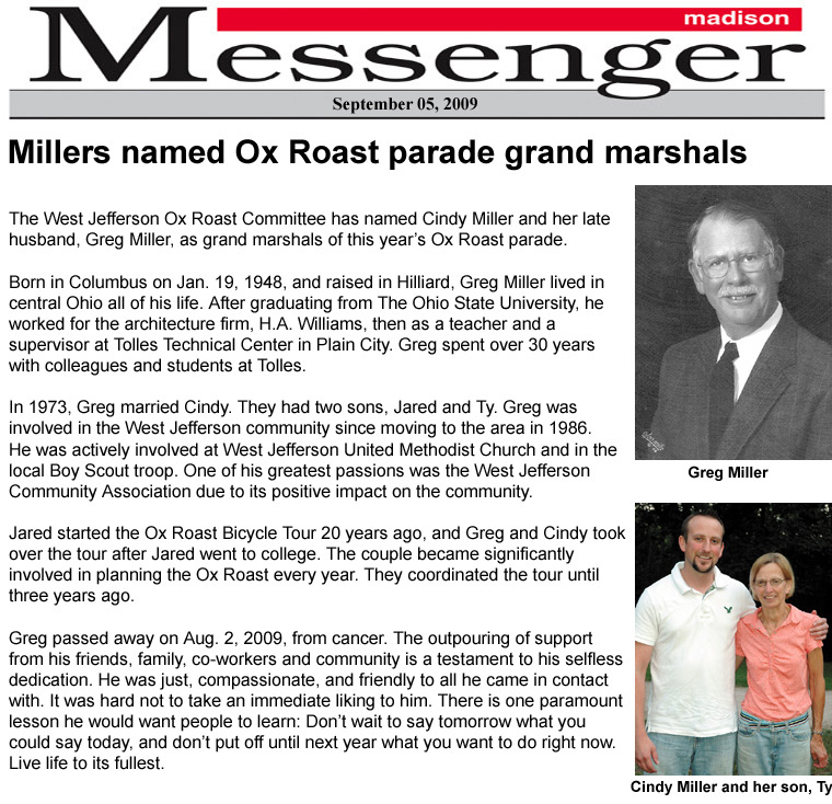 09-05-09 - Madison Messenger article:  Millers named Ox Roast parade grand marshals