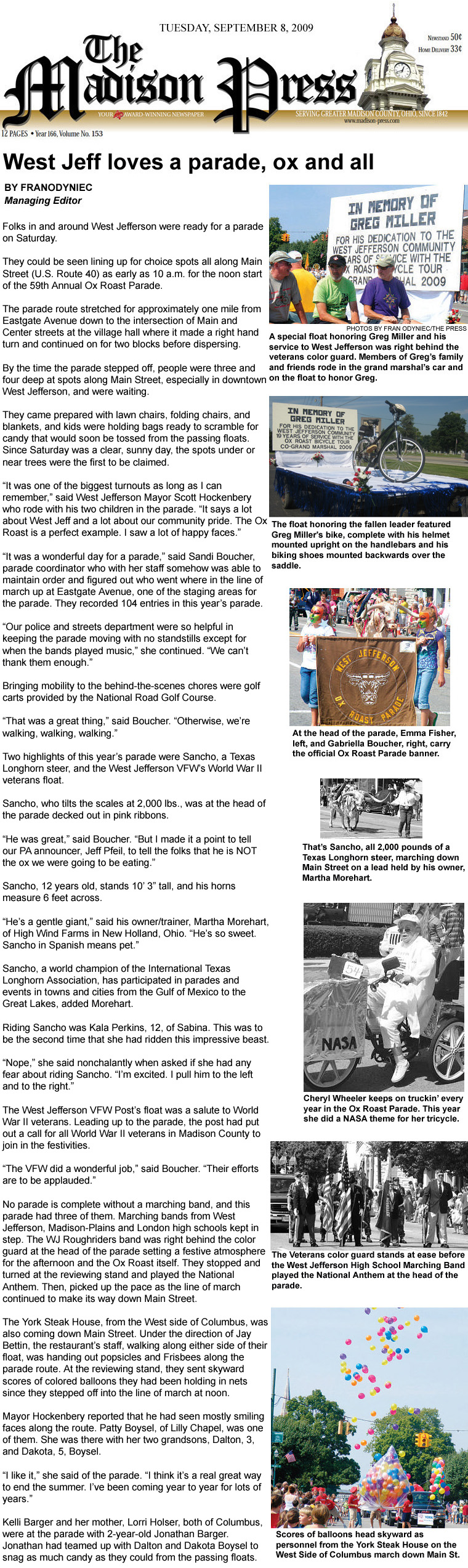 09-08-09 - Madison Press article:  West Jeff loves a parade, ox and all