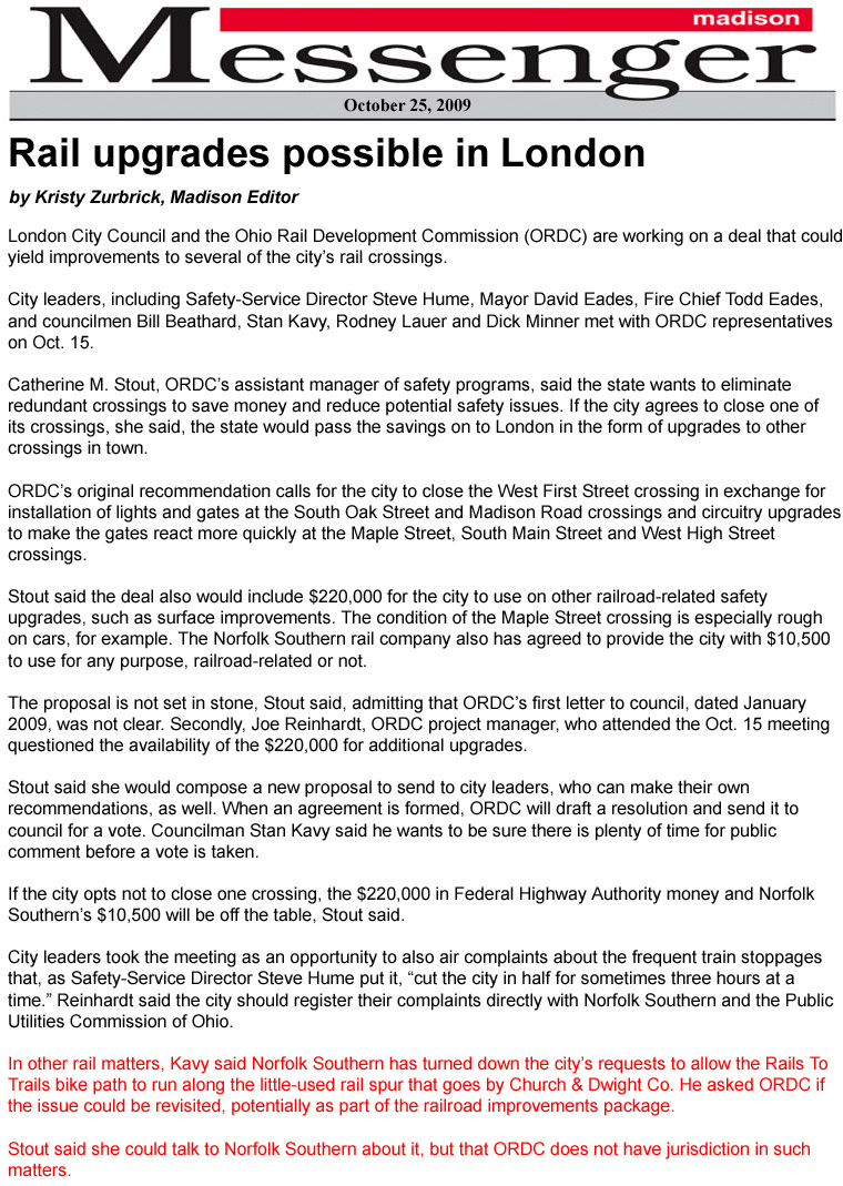 10-25-09 - Madison Messenger article:  Rail upgrades possible in London